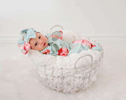 Teal Rose Baby Gown and Bow Headband