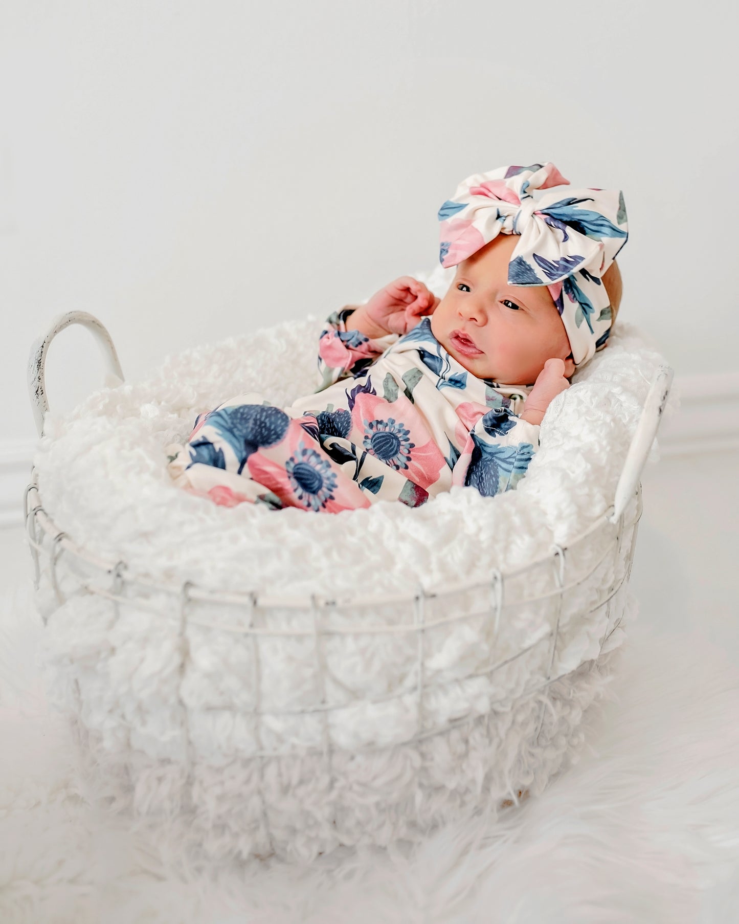 Pink Flowers Baby Gown and Bow Headband