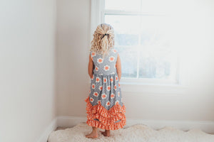 Gray Peach Floral 3 Ruffle Dress