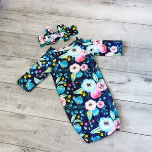Navy Floral Baby Gown and Bow Headband