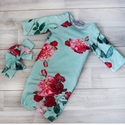 Teal Rose Baby Gown and Bow Headband