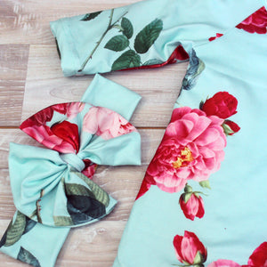 Teal Rose Baby Gown and Bow Headband