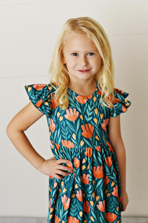 Teal Floral Flutter Dress